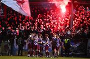 14 March 2025; Drogheda United players and supporters celebrate their first goal, scored by Conor Keeley, hidden, during the SSE Airtricity Men's Premier Division match between Drogheda United and Shamrock Rovers at Sullivan & Lambe Park in Drogheda, Louth. Photo by Ben McShane/Sportsfile