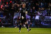 14 March 2025; Drogheda United goalkeeper Luke Dennison celebrates his side's first goal, scored by Conor Keeley, not pictured, during the SSE Airtricity Men's Premier Division match between Drogheda United and Shamrock Rovers at Sullivan & Lambe Park in Drogheda, Louth. Photo by Ben McShane/Sportsfile