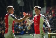 14 March 2025; Chris Forrester of St Patrick's Athletic celebrates after scoring his side's first goal with team-mate Tom Grivosti, left, during the SSE Airtricity Men's Premier Division match between St Patrick's Athletic and Bohemians at Richmond Park in Dublin. Photo by Stephen McCarthy/Sportsfile