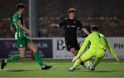 14 March 2025; Seán Keogh of Dundalk in action against Bray Wanderers goalkeeper Jimmy Corcoran and Paul Murphy during the SSE Airtricity Men's First Division match between Bray Wanderers and Dundalk at Carlisle Grounds in Bray, Wicklow. Photo by Thomas Flinkow/Sportsfile