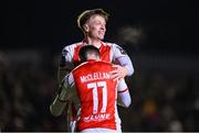 14 March 2025; Chris Forrester and Jay McClelland of St Patrick's Athletic celebrate their second goal scored by Mason Melia, not pictured, during the SSE Airtricity Men's Premier Division match between St Patrick's Athletic and Bohemians at Richmond Park in Dublin. Photo by Stephen McCarthy/Sportsfile