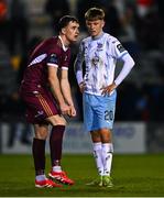 14 March 2025; Cian Byrne of Galway United speaks with Conan Noonan of Waterford after the SSE Airtricity Men's Premier Division match between Galway United and Waterford at Eamonn Deacy Park in Galway. Photo by Tyler Miller/Sportsfile