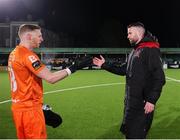 14 March 2025; Dundalk manager Ciarán Kilduff with goalkeeper Peter Cherrie after the SSE Airtricity Men's First Division match between Bray Wanderers and Dundalk at Carlisle Grounds in Bray, Wicklow. Photo by Thomas Flinkow/Sportsfile