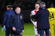 14 March 2025; Bohemians manager Alan Reynolds leaves the pitch as Chris Forrester of St Patrick's Athletic is pulled by manager Stephen Kenny during the SSE Airtricity Men's Premier Division match between St Patrick's Athletic and Bohemians at Richmond Park in Dublin. Photo by Stephen McCarthy/Sportsfile