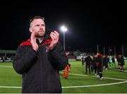 14 March 2025; Dundalk manager Ciarán Kilduff celebrates after his side's victory in the SSE Airtricity Men's First Division match between Bray Wanderers and Dundalk at Carlisle Grounds in Bray, Wicklow. Photo by Thomas Flinkow/Sportsfile