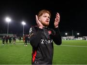 14 March 2025; Aodh Dervin of Dundalk celebrates after his side's victory in the SSE Airtricity Men's First Division match between Bray Wanderers and Dundalk at Carlisle Grounds in Bray, Wicklow. Photo by Thomas Flinkow/Sportsfile