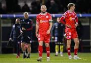 14 March 2025; Mark Coyle of Shelbourne, left, and teammate Sean Boyd react at the final whistle during the SSE Airtricity Men's Premier Division match between Shelbourne and Cork City at Tolka Park in Dublin. Photo by Sam Barnes/Sportsfile