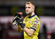 14 March 2025; Shelbourne goalkeeper Conor Kearns applauds the supporters after the SSE Airtricity Men's Premier Division match between Shelbourne and Cork City at Tolka Park in Dublin. Photo by Sam Barnes/Sportsfile