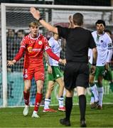 14 March 2025; Sean Boyd of Shelbourne remonstrates with referee Robert Harvey during the SSE Airtricity Men's Premier Division match between Shelbourne and Cork City at Tolka Park in Dublin. Photo by Sam Barnes/Sportsfile