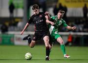 14 March 2025; Eoin Kenny of Dundalk in action against Cian Doyle of Bray Wanderers during the SSE Airtricity Men's First Division match between Bray Wanderers and Dundalk at Carlisle Grounds in Bray, Wicklow. Photo by Thomas Flinkow/Sportsfile