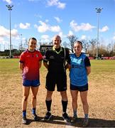 15 March 2025; Referee Shane Curley with team captains Aoife Dillane of MIC Limerick, left, and Saoirse Lally of UCD before the 2025 Ladies AIG Giles Cup final match between MIC Limerick and UCD at Queen's Sport, Queens University, Belfast. Photo by Ben McShane/Sportsfile