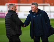 14 March 2025; St Patrick's Athletic goalkeeping coach Pat Jennings and Bohemians manager Alan Reynolds, left, before the SSE Airtricity Men's Premier Division match between St Patrick's Athletic and Bohemians at Richmond Park in Dublin. Photo by Stephen McCarthy/Sportsfile