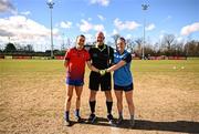 15 March 2025; Referee Shane Curley with team captains Aoife Dillane of MIC Limerick, left, and Saoirse Lally of UCD before the 2025 Ladies AIG Giles Cup final match between MIC Limerick and UCD at Queen's Sport, Queens University, Belfast. Photo by Ben McShane/Sportsfile