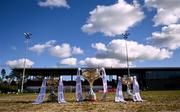 15 March 2025; The cups, from left, the Giles Cup, O'Connor Cup and Lynch cup, are seen before the 2025 Ladies AIG Giles Cup final match between MIC Limerick and UCD at Queen's Sport, Queens University, Belfast. Photo by Ben McShane/Sportsfile