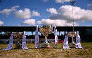 15 March 2025; The cups, from left, the Giles Cup, O'Connor Cup and Lynch cup, are seen before the 2025 Ladies AIG O’Connor Cup final match between DCU Dóchas Éireann and UCC at Queen's Sport, Queens University, Belfast. Photo by Ben McShane/Sportsfile