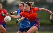 15 March 2025; Rachel Dwyer of MIC Limerick in action against Saoirse Lally of UCD during the 2025 Ladies AIG Giles Cup final match between MIC Limerick and UCD at Queen's Sport, Queens University, Belfast. Photo by Ben McShane/Sportsfile