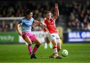 14 March 2025; Brandon Kavanagh of St Patrick's Athletic in action against Keith Buckley of Bohemians during the SSE Airtricity Men's Premier Division match between St Patrick's Athletic and Bohemians at Richmond Park in Dublin. Photo by Stephen McCarthy/Sportsfile