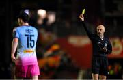 14 March 2025; Referee Neil Doyle shows a yellow card to James Clarke of Bohemians during the SSE Airtricity Men's Premier Division match between St Patrick's Athletic and Bohemians at Richmond Park in Dublin. Photo by Stephen McCarthy/Sportsfile