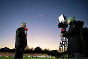 14 March 2025; Bohemians manager Alan Reynolds is interviewed by Virgin Media Sport's Jonathan Higgins before the SSE Airtricity Men's Premier Division match between St Patrick's Athletic and Bohemians at Richmond Park in Dublin. Photo by Stephen McCarthy/Sportsfile