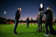 14 March 2025; St Patrick's Athletic manager Stephen Kenny is interviewed by Virgin Media Sport's Jonathan Higgins before the SSE Airtricity Men's Premier Division match between St Patrick's Athletic and Bohemians at Richmond Park in Dublin. Photo by Stephen McCarthy/Sportsfile