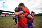 15 March 2025; Laura Griffey, right, and Sarah Ryan of MIC Limerick celebrate after their victory in the 2025 Ladies AIG Giles Cup final match between MIC Limerick and UCD at Queen's Sport, Queens University, Belfast. Photo by Ben McShane/Sportsfile