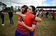15 March 2025; Rachel Dwyer, right, and Niamh Dunne of MIC Limerick celebrate after their victory in the 2025 Ladies AIG Giles Cup final match between MIC Limerick and UCD at Queen's Sport, Queens University, Belfast. Photo by Ben McShane/Sportsfile