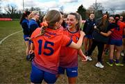 15 March 2025; Meadhbh MacNamara, right, and Laura Griffey of MIC Limerick celebrate after their victory in the 2025 Ladies AIG Giles Cup final match between MIC Limerick and UCD at Queen's Sport, Queens University, Belfast. Photo by Ben McShane/Sportsfile