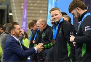 15 March 2025; Joseph 'Joe-Joe' Sheehan of Team Ireland, a member of Mallow Special Olympics Club, Doneraile, Cork, a member of the Floorball Bronze Medal winning Team Ireland, is presented with his medal by Special Olympics Ireland CEO Matt English during the medal presentations on day seven of the Turin 2025 Special Olympics World Winter Games in the Inalpi Arena, Turin, Italy. Photo by Ray McManus/Sportsfile