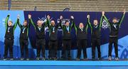 15 March 2025; Team Ireland players celebrate after they were presented with the Floorball Bronze Medal at the medal presentations on day seven of the Turin 2025 Special Olympics World Winter Games in the Inalpi Arena, Turin, Italy. Photo by Ray McManus/Sportsfile