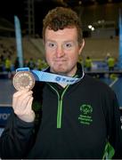 15 March 2025; Frank O'Dwyer of Team Ireland, a member of Tipperary Special Olympics Club, Ballylandis, Limerick, who played on the winning Floorball Bronze Medal team is pictured with his medal after the medal presentations on day seven of the Turin 2025 Special Olympics World Winter Games in the Inalpi Arena, Turin, Italy. Photo by Ray McManus/Sportsfile