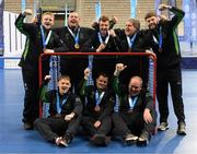 15 March 2025; Team Ireland players celebrate after they were presented with the Floorball Bronze Medal at the medal presentations on day seven of the Turin 2025 Special Olympics World Winter Games in the Inalpi Arena, Turin, Italy. Photo by Ray McManus/Sportsfile