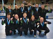15 March 2025; Team Ireland players, and coachs celebrate after they were presented with the Floorball Bronze Medal at the medal presentations on day seven of the Turin 2025 Special Olympics World Winter Games in the Inalpi Arena, Turin, Italy. Photo by Ray McManus/Sportsfile