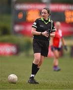 15 March 2025; Referee Sinead McHugh during the 2025 Ladies AIG Lynch final match between MTU Cork and UCD at Queen's Sport, Queens University, Belfast. Photo by Ben McShane/Sportsfile
