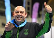 15 March 2025; Damien Kirwan of Team Ireland, a member of Waterford Special Olympics Club, Waterford City, who played on the winning Floorball Bronze Medal team is pictured with his medal after the medal presentations on day seven of the Turin 2025 Special Olympics World Winter Games in the Inalpi Arena, Turin, Italy. Photo by Ray McManus/Sportsfile