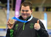 15 March 2025; Jack Buckley of Team Ireland, a member of Mallow Special Olympics Club, Mallow, Cork, a member of the Floorball Bronze Medal winning Team Ireland during the medal presentations on day seven of the Turin 2025 Special Olympics World Winter Games in the Inalpi Arena, Turin, Italy. Photo by Ray McManus/Sportsfile