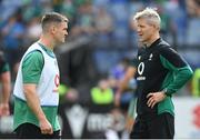 15 March 2025; Ireland interim head coach Simon Easterby, right, speaks with Ireland assistant coach Jonathan Sexton before the Guinness Six Nations Rugby Championship match between Italy and Ireland at the Stadio Olimpico in Rome, Italy. Photo by Ramsey Cardy/Sportsfile