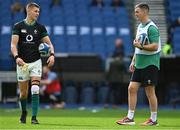 15 March 2025; Sam Prendergast of Ireland, left, speaks with Ireland assistant coach Jonathan before the Guinness Six Nations Rugby Championship match between Italy and Ireland at the Stadio Olimpico in Rome, Italy. Photo by Ramsey Cardy/Sportsfile