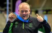 15 March 2025; Niall Corcoran of Team Ireland, a member of Waterford Special Olympics Club, Ballinahassig, Cork, who played on the winning Floorball Bronze Medal team is pictured with his medal after the medal presentations on day seven of the Turin 2025 Special Olympics World Winter Games in the Inalpi Arena, Turin, Italy. Photo by Ray McManus/Sportsfile