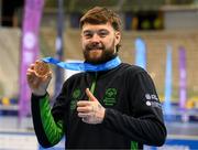 15 March 2025; Gavin Bourke of Team Ireland, a member of Mallow Special Olympics Club, Doneraile, Cork, a member of the Floorball Bronze Medal winning Team Ireland during the medal presentations on day seven of the Turin 2025 Special Olympics World Winter Games in the Inalpi Arena, Turin, Italy. Photo by Ray McManus/Sportsfile
