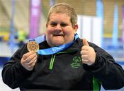 15 March 2025; James Upton of Team Ireland, a member of Waterford Special Olympics Club, Passage East, Waterford, who played on the winning Floorball Bronze Medal team is pictured with his medal after the medal presentations on day seven of the Turin 2025 Special Olympics World Winter Games in the Inalpi Arena, Turin, Italy. Photo by Ray McManus/Sportsfile