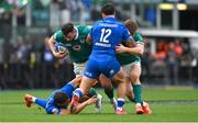15 March 2025; Robbie Henshaw of Ireland, left, supported by team-mate Garry Ringrose is tackled by Paolo Garbisi, left, and Tommaso Menoncello of Italy during the Guinness Six Nations Rugby Championship match between Italy and Ireland at the Stadio Olimpico in Rome, Italy. Photo by Ramsey Cardy/Sportsfile