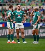 15 March 2025; Ireland players, from left, Jack Crowley, James Lowe and Jamison Gibson-Park react after their side concede their first try during the Guinness Six Nations Rugby Championship match between Italy and Ireland at the Stadio Olimpico in Rome, Italy. Photo by Seb Daly/Sportsfile