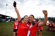 15 March 2025; Chloe Brosnahan, left, and Shannon Morrissey of MTU Cork celebrate after the 2025 Ladies AIG Lynch final match between MTU Cork and UCD at Queen's Sport, Queens University, Belfast. Photo by Ben McShane/Sportsfile