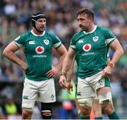 15 March 2025; Jack Conan of Ireland, centre, and team-mate Caelan Doris react as their side's first try is disallowed during the Guinness Six Nations Rugby Championship match between Italy and Ireland at the Stadio Olimpico in Rome, Italy. Photo by Ramsey Cardy/Sportsfile