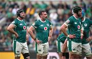 15 March 2025; Ireland players, from left, Caelan Doris, Jack Conan and James Ryan react after their side's first try was disallowed during the Guinness Six Nations Rugby Championship match between Italy and Ireland at the Stadio Olimpico in Rome, Italy. Photo by Seb Daly/Sportsfile
