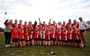 15 March 2025; MTU Cork players celebrate with the Lynch Cup after the 2025 Ladies AIG Lynch final match between MTU Cork and UCD at Queen's Sport, Queens University, Belfast. Photo by Ben McShane/Sportsfile