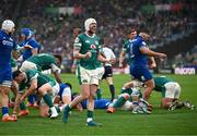 15 March 2025; Mack Hansen of Ireland celebrates his side's second try scored by team-mate Dan Sheehan, not pictured, during the Guinness Six Nations Rugby Championship match between Italy and Ireland at the Stadio Olimpico in Rome, Italy. Photo by Seb Daly/Sportsfile