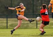 15 March 2025; Maria Cannon of DCU Dóchas Éireann has a shot on goal blocked by Rachel Sheehan of UCC during the 2025 Ladies AIG O’Connor Cup final match between DCU Dóchas Éireann and UCC at Queen's Sport, Queens University, Belfast. Photo by Ben McShane/Sportsfile