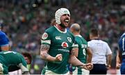 15 March 2025; Mack Hansen of Ireland celebrates as team-mate Dan Sheehan, not pictured, scores their side's second try during the Guinness Six Nations Rugby Championship match between Italy and Ireland at the Stadio Olimpico in Rome, Italy. Photo by Seb Daly/Sportsfile