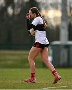 15 March 2025; UCC goalkeeper Caoimhe Richmond reacts after failing to stop a chance on goal, to concede her side's second goal, during the 2025 Ladies AIG O’Connor Cup final match between DCU Dóchas Éireann and UCC at Queen's Sport, Queens University, Belfast. Photo by Ben McShane/Sportsfile